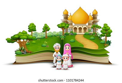 open book with a group of muslim people in the front islamic mosque