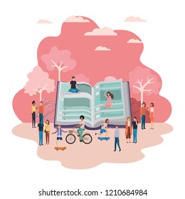 open book with group of people smiling avatar character