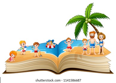 Open book with group of people vacation on a beautiful tropical beach