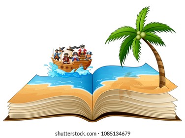 Open book with group of pirate on the beach