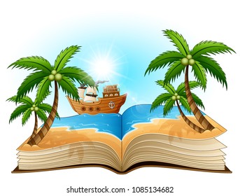 Open book with group of pirate on the beach