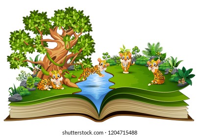 Open book with group of tiger cartoon playing in the river