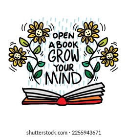 Open a book grow your mind, hand lettering. Wall art for classroom poster