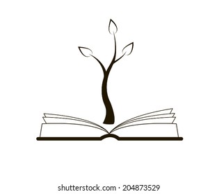 An open book with a growing tree above it, black and white