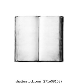Open book in halftone dot style, black and white illustration isolated on white background. Minimal vintage print effect, education and reading concept, graphic design element.
