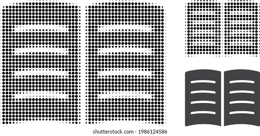 Open book halftone dotted icon. Halftone pattern contains circle dots. Vector illustration of open book icon on a white background.