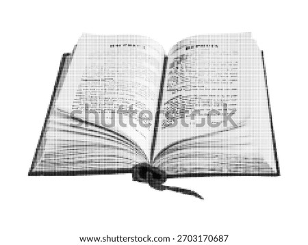 Open book in halftone style, for World Book Day, dotted texture, pop art. Vector