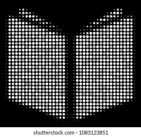 Open book halftone vector icon. Illustration style is pixelated iconic open book symbol on a black background. Halftone texture is created of round pixels.