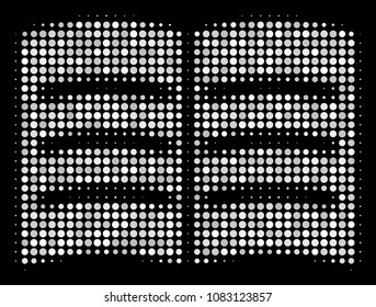 Open book halftone vector icon. Illustration style is pixel iconic open book symbol on a black background. Halftone texture is build from round elements.