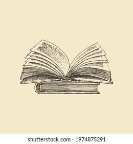 An open book, hand drawn illustration. Vector graphic sketch of a literature volumes.