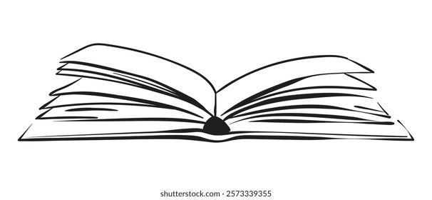 Open book hand drawn on transparent background. Vector image drawn with black lines.