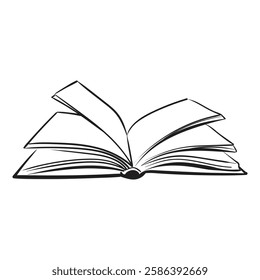 Open book hand drawn on transparent background. Vector image drawn with black lines.