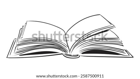 Open book hand drawn on transparent background. Vector image drawn with black lines.