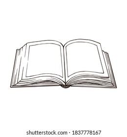 Open book, hand drawn outline. Drawn with pen and ink and converted to vector image. Isolated on white background.