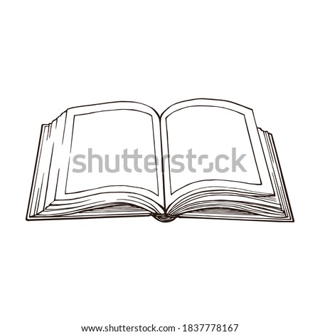 Open book, hand drawn outline. Drawn with pen and ink and converted to vector image. Isolated on white background.