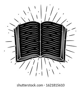 Open book. Hand drawn vector illustration with a book and divergent rays.  