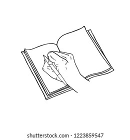 An open book and a hand holding a pen. Linear Doodle Art. Graphic illustration.