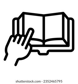 Open book with hand pointing line icon, education concept, finger point at book sign on white background, finger point book icon outline style. Vector graphics.