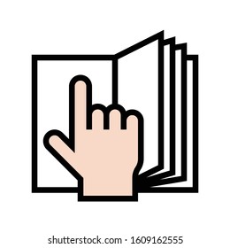 Open book with hand pointing vector illustration, filled design icon