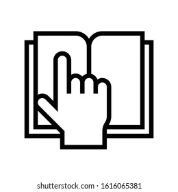 Libro abierto con el Vector que apunta de la mano, icono del diseño de la línea