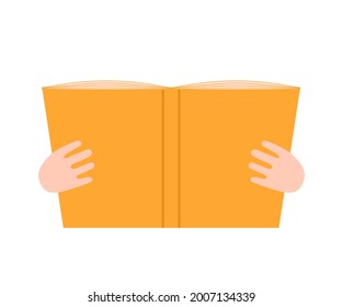 Open book in hand. Read book and enjoy literature. An open book for reading, learning, education and entertainment. Library, education supplies, back to school. Vector