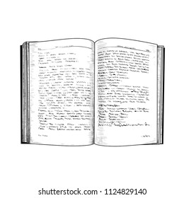 An open book.  Hand-drawn vector drawing in vintage style. Sketch. Imitation of engraving.