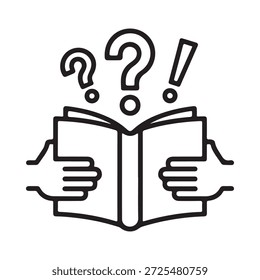 Un libro abierto con las manos sosteniéndolo y signos de interrogación arriba