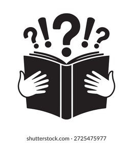Ein offenes Buch mit Händen, die es umgeben von Frage- und Ausrufezeichen halten
