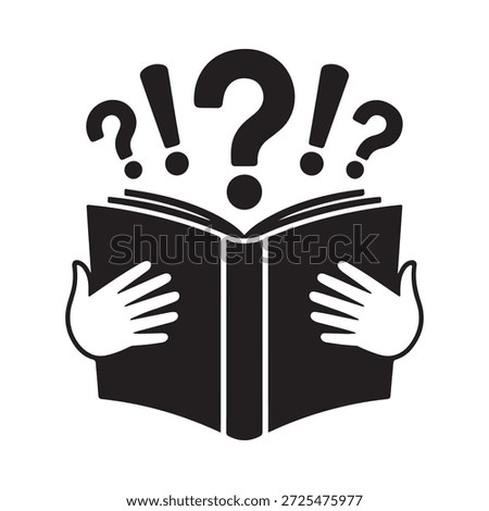 An open book with hands holding it surrounded by question and exclamation marks