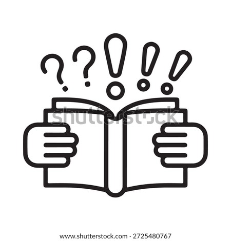 An open book with hands holding it surrounded by question and exclamation marks