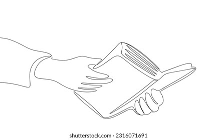 Open book in hands isolated on white background. One line continuous vector illustration. Line art, outline.