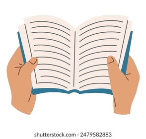 Open book in hands. Knowledge and reading. Hobby, leisure and entertainment. Flat vector illustration isolated on white background