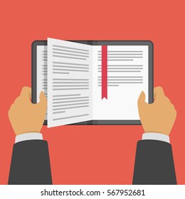 Open book in the hands of man. Vector illustration of study, learning and knowledge. Education, reading concept. Flat style. EPS 10.