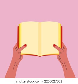 An open book in the hands in a modern style and image. Vector stock illustration. isolated. Hand drawn trendy. Education. Education. Literature