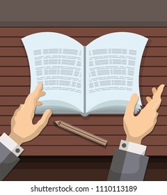 An open book and the hands of the person who reads it. Vector illustration
