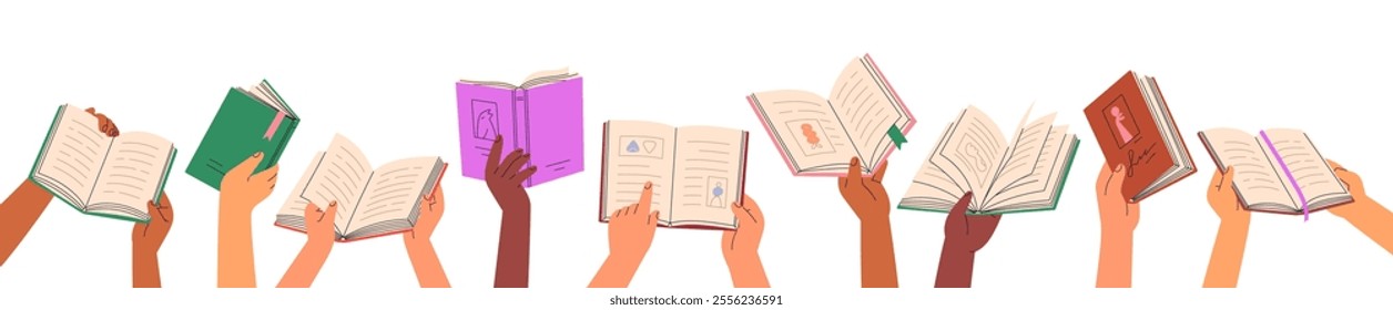 Open book in hands set. Reading, turning paper pages. Studying, learning for knowledge, education. Holding academic and fiction literature. Flat vector illustration isolated on white background