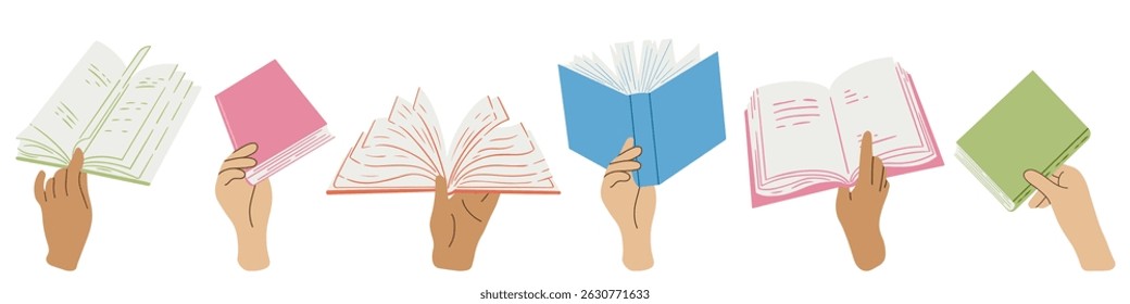 Open book in hands set. Reading, turning paper pages. Studying, learning for knowledge, education. Holding academic and fiction literature. Flat vector illustration isolated on white background.