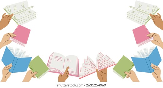 Livro aberto no jogo de mãos. Lendo, virando páginas de papel. Estudar, aprender pelo conhecimento, educação. Realizar literatura acadêmica e de ficção. Ilustração de vetor plano isolada em fundo branco.