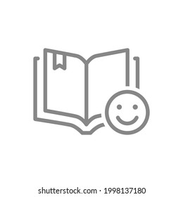 Abrir libro con icono de la línea de la cara feliz. Calificación feliz, como símbolo de revisión de lector