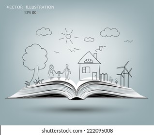 Open book of happy family stories, Vector illustration template design