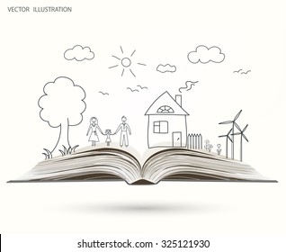 Open book of happy family stories, Vector illustration template design