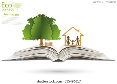 Open book of happy family stories, on a white background. Vector illustration template design