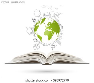 Open book of happy family stories. Creative drawing map world global environmental concept, vector illustration template design. Handwriting