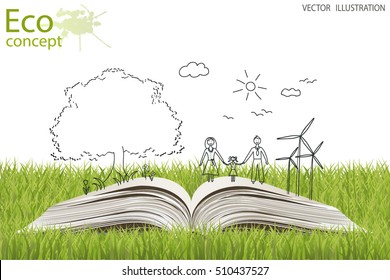 Open book of happy family stories. Ecology concept. Ecologically clean world. Vector illustration. Doodle.