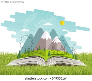 Open book of happy family stories. Ecology concept. Ecologically clean world. Nature is the open book. Landscape on open workbook. Vector illustration template design. Doodle.