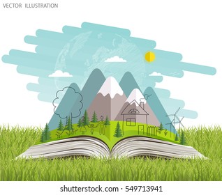 Open book of happy family stories. Ecology concept. Ecologically clean world. Nature is the open book. Landscape on open workbook. Vector illustration template design. Doodle.