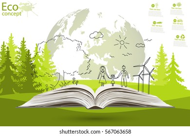 Open book of happy family stories. Ecology concept. Ecologically clean world. Vector illustration. Doodle.