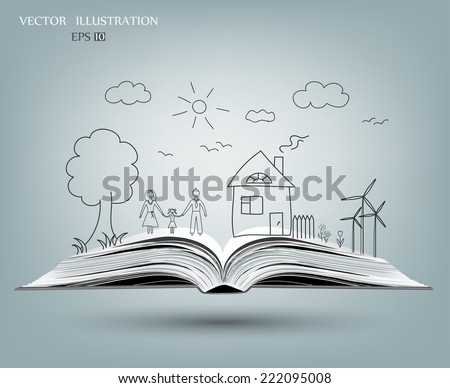Open book of happy family stories, Vector illustration template design