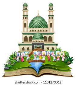 Open book with happy islamic kids holding letters and wishing Eid Mubarak in front of a mosque