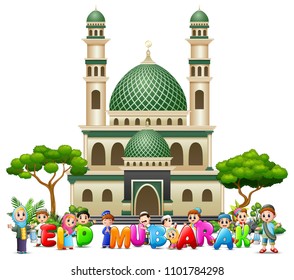 Open book with happy islamic kids and colorful text Eid Mubarak in front of a mosque